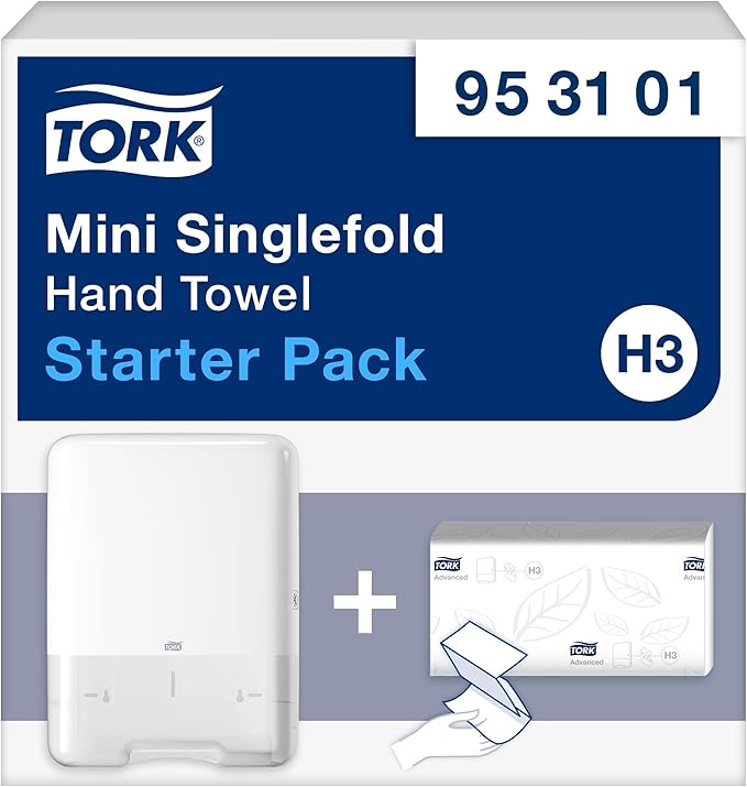Tork Mini Singlefold Hand Towel Starter Pack 953101,Diseño de imagen-Dispensador de papel H3 Singlefold/C-fold en diseño de elevación+ Recambio de toallas de mano (250 hojas) -Delgado,Higiénico,Blanco
