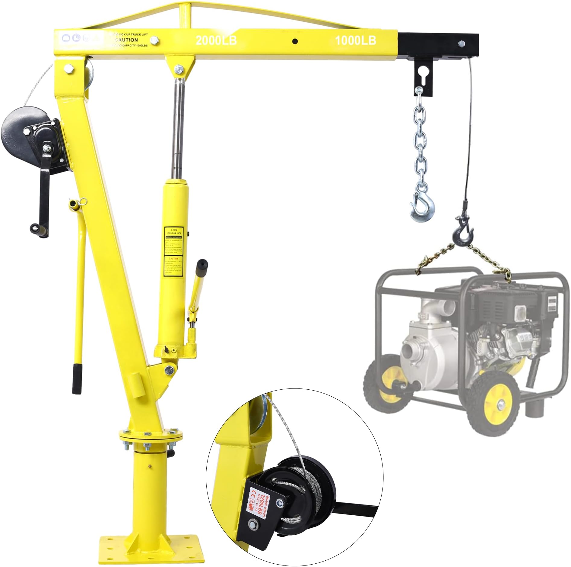 HnestBepo 2000Lbs Hydraulic Pickup Truck Crane with Hand Winch, Portable Engine Lift Crane, 39.5' to 54' Boom Lift Range, Yellow Steel Modern Truck Crane