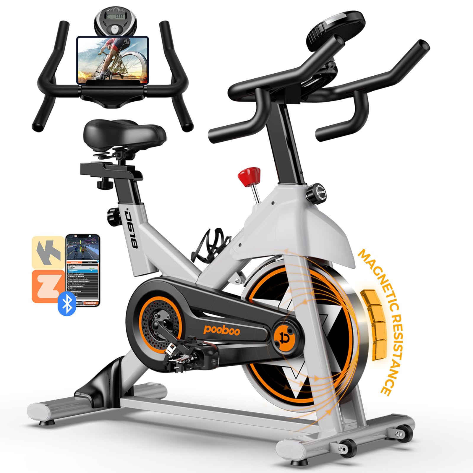 POOBOO Exercise Bike, Stationary Bike for Home Gym, Indoor Cycling Bike w/Comfortable Seat Cushion & Tablet Mount, Silent Belt Drive Indoor Bike for Cardio Workout