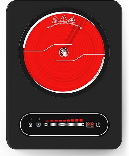 VBGK Cocina eléctrica de un solo quemador, estufa de 110 V 1800 W con control táctil LED, 9 niveles de potencia, temporizador, bloqueo de seguridad,