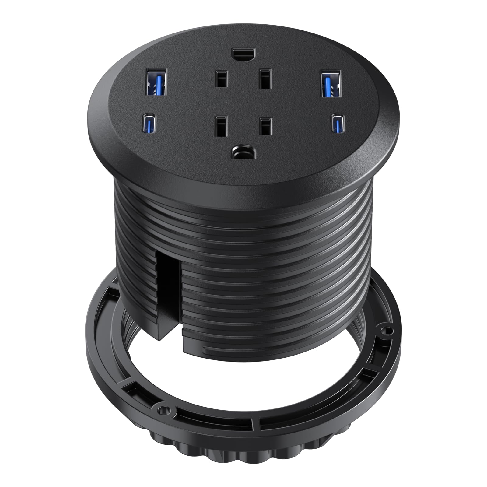Desktop Power Grommet,GaN 65W USB C Fast Charging Station,2 AC Outlets,4 USB Ports in to the Top of Your Desk,Flush Mount Power Grommet 3-inch Hole,Countertop Recessed Outlet