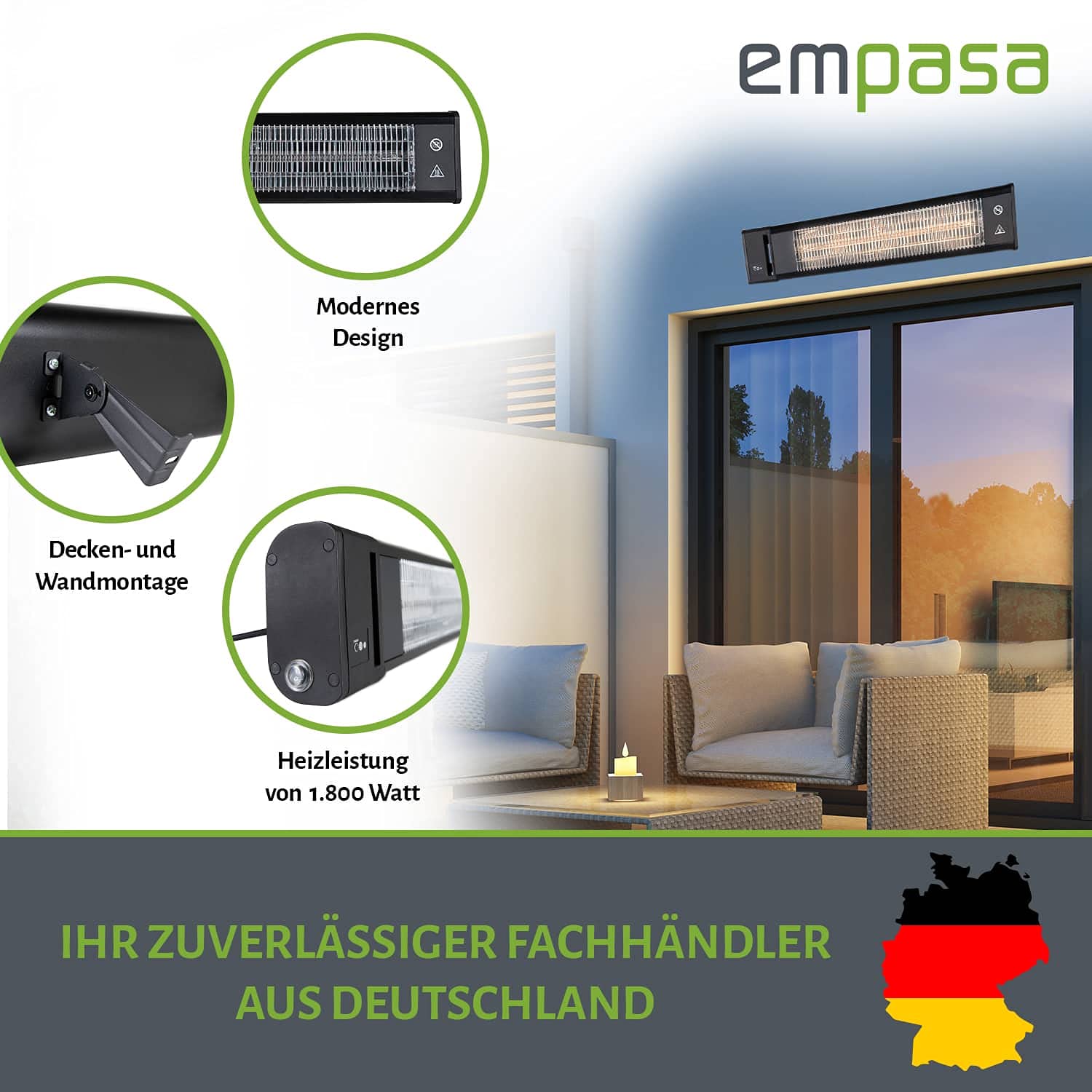 empasa elektrischer Wandheizer 'Comfort' Elektroheizer Infrarot Heizstrahler Terrassenheizer für Decken- und Wandmontage mit Fernbedienung, mit oder ohne Halterung für unsere Markisen Garten