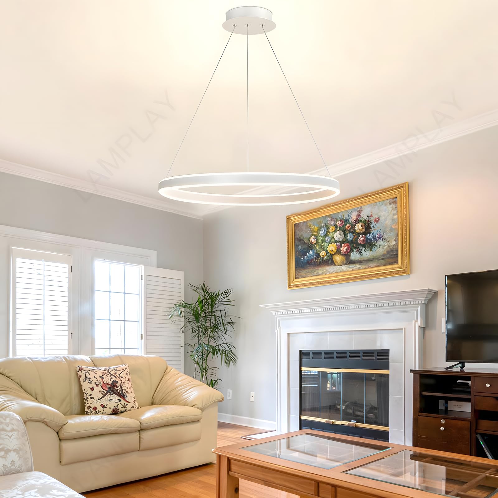 Runde Moderne LED-Pendelleuchte, 1 Weiß Ring-Kronleuchter, Dimmbar Mit Fernbedienung 3000K-6000K Deckenleuchte, Höhenverstellbar, Foyer, Wohnzimmer, Schlafzimmer, Esszimmer(Ø40cm)