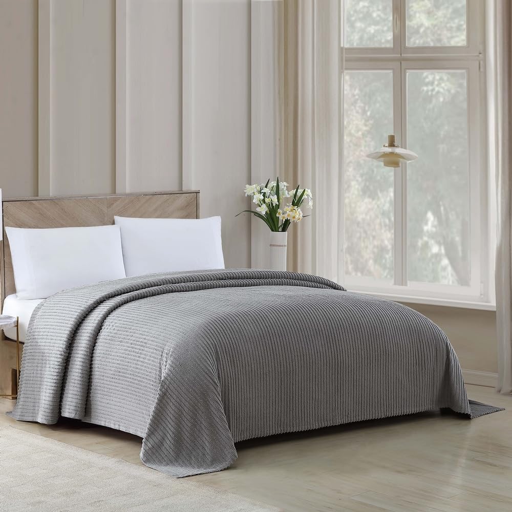 1 Piece Lightweight 100% Cotton Tufted Chenille Bedspread Queen Size Textured Channel Stripe Design | All Seasons Dark Grey Color Shabby Chic Bedding Western Aesthetic Look Soft Plush Cozy