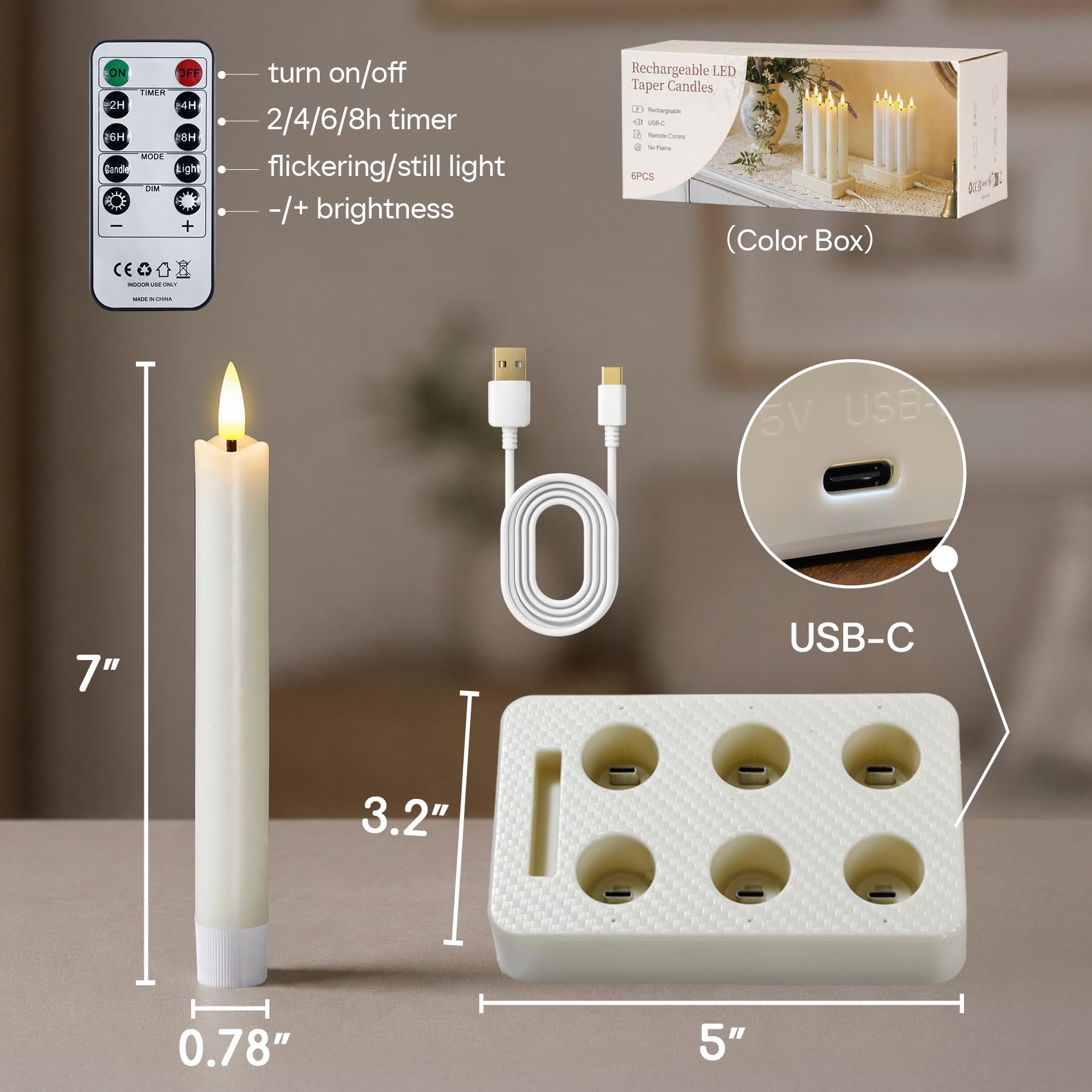 Velas LED recargables mando temporizador, sin llama Marfil cera real pack 6 base carga, parpadeante mecha 3D luz cálida candeleros decoración hogar 1,98cm x 17,8cm