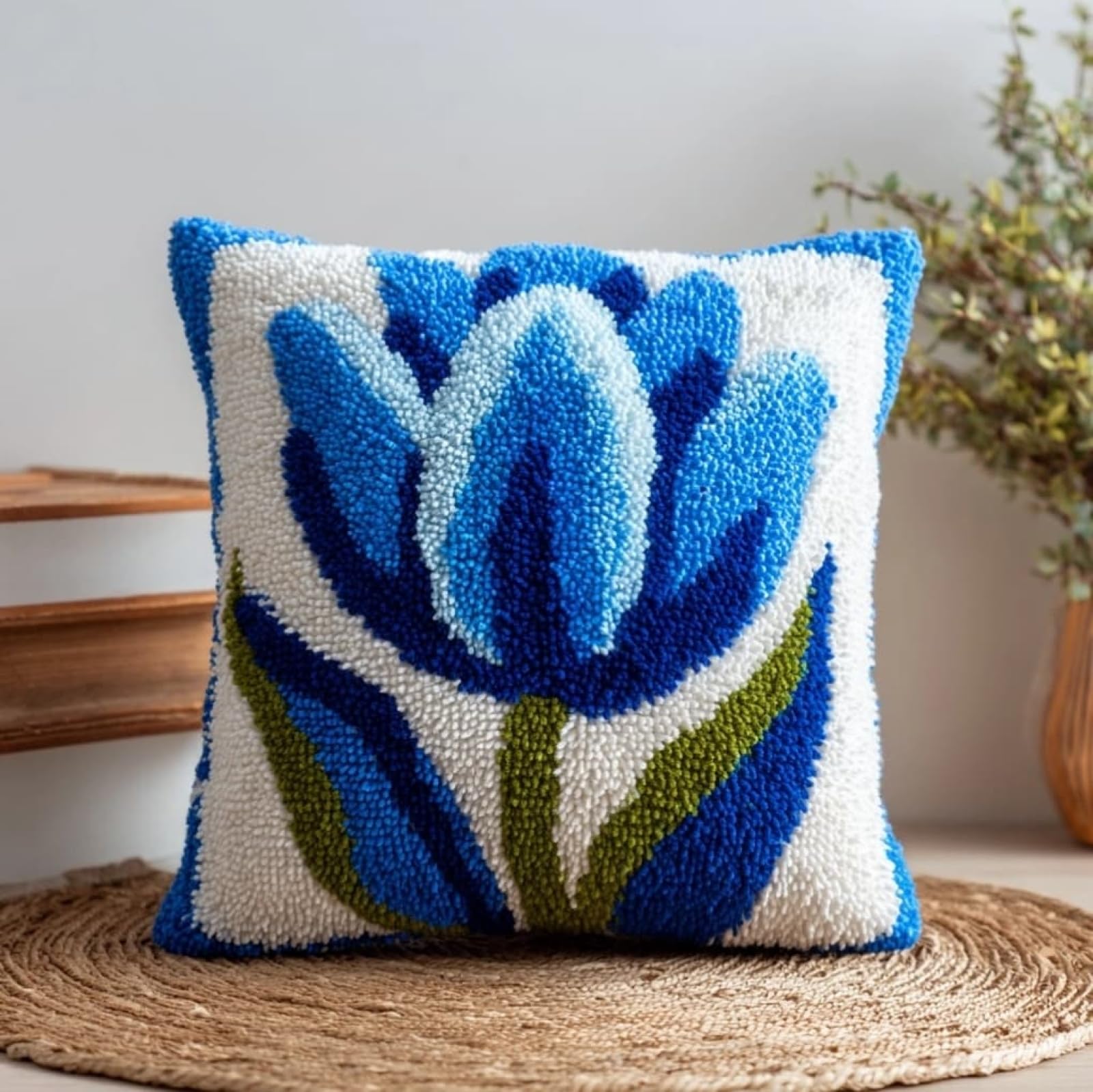 Wallustrioaw Blue Tulip Flowers Latch Hook Pillow Cover Making Kit 43X43cm,