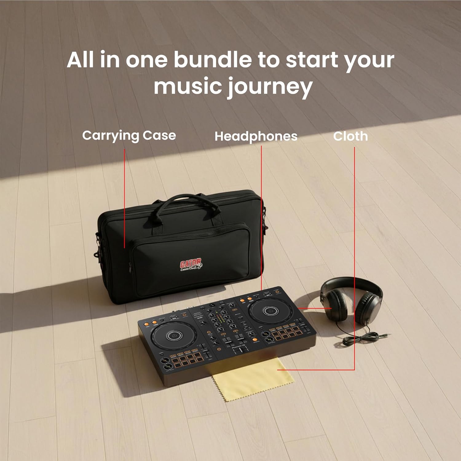 Pioneer DJ DDJ-FLX4 2-Channel DJ Controller - Black Bundle with Gator Case, Headphones, and Austin Bazaar Polishing Cloth