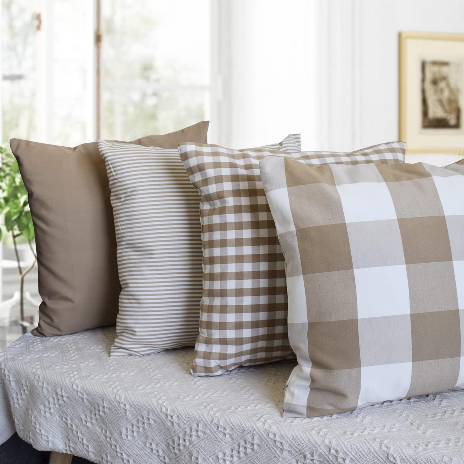 HOPLEE Farmhouse 24x24 Pillow Covers with Buffalo Plaid, Solid Beige, Striped and Gingham Plaid Design 24x24 Inches,4 Pack