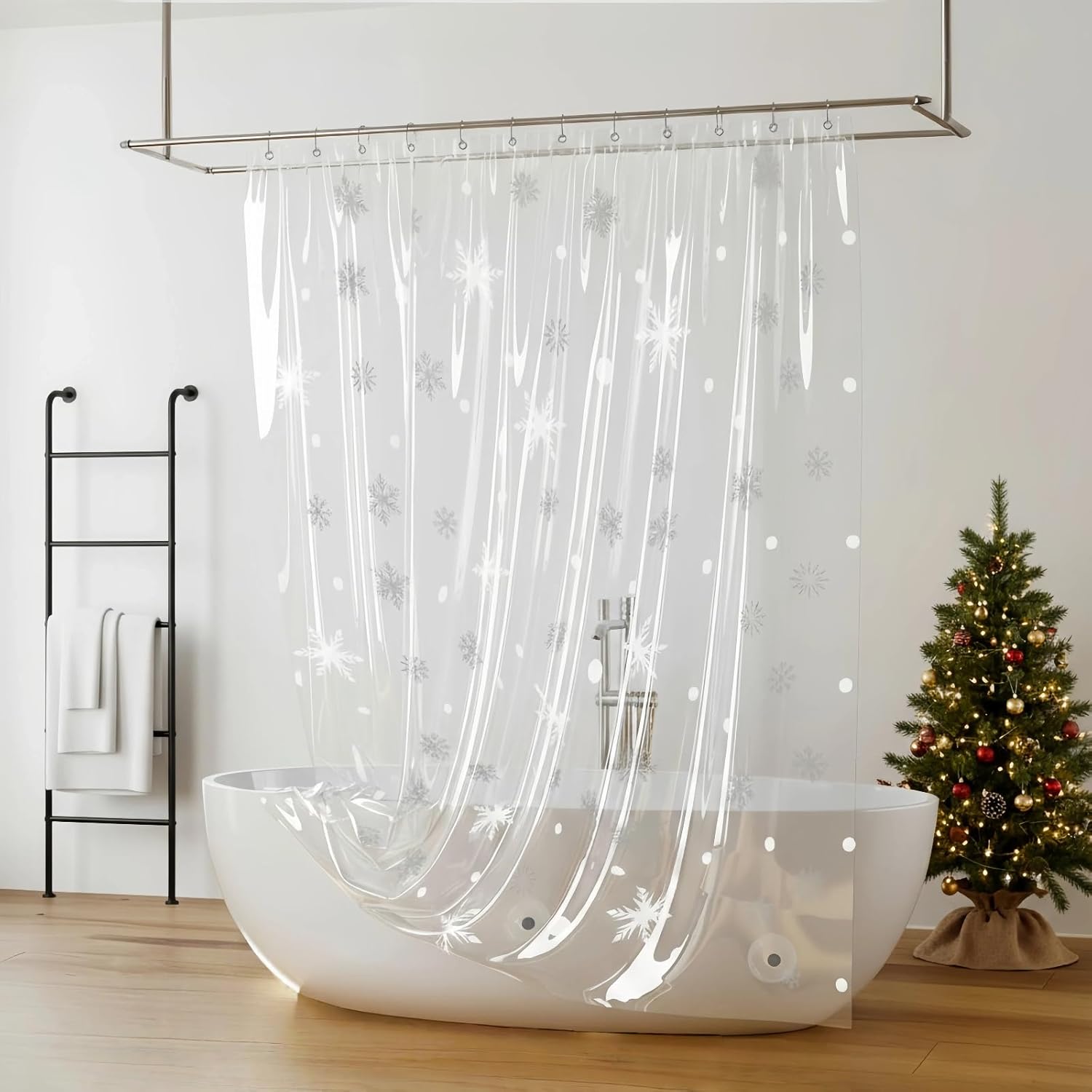 Clear Winter White Snowflake Shower Curtain Liner, Plastic Transparent Western Christmas Themed Holiday Shower Curtains for Bathroom, 72x78 Weighted Magnetic Christmas Shower Curtain Set with 12 hooks