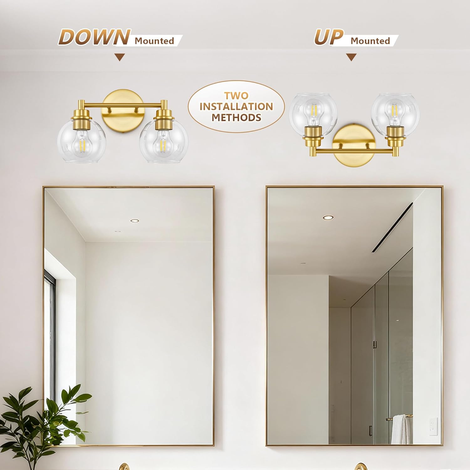 Gold Bathroom Vanity Lights, 2-Light Wall Sconce with Glass Globe Shade, Vanity Lighting for Bathroom/Bedroom/Dressing Room, Vertical/Horizontal Mounted, E26 Bulb Base (Bulb Not Included)