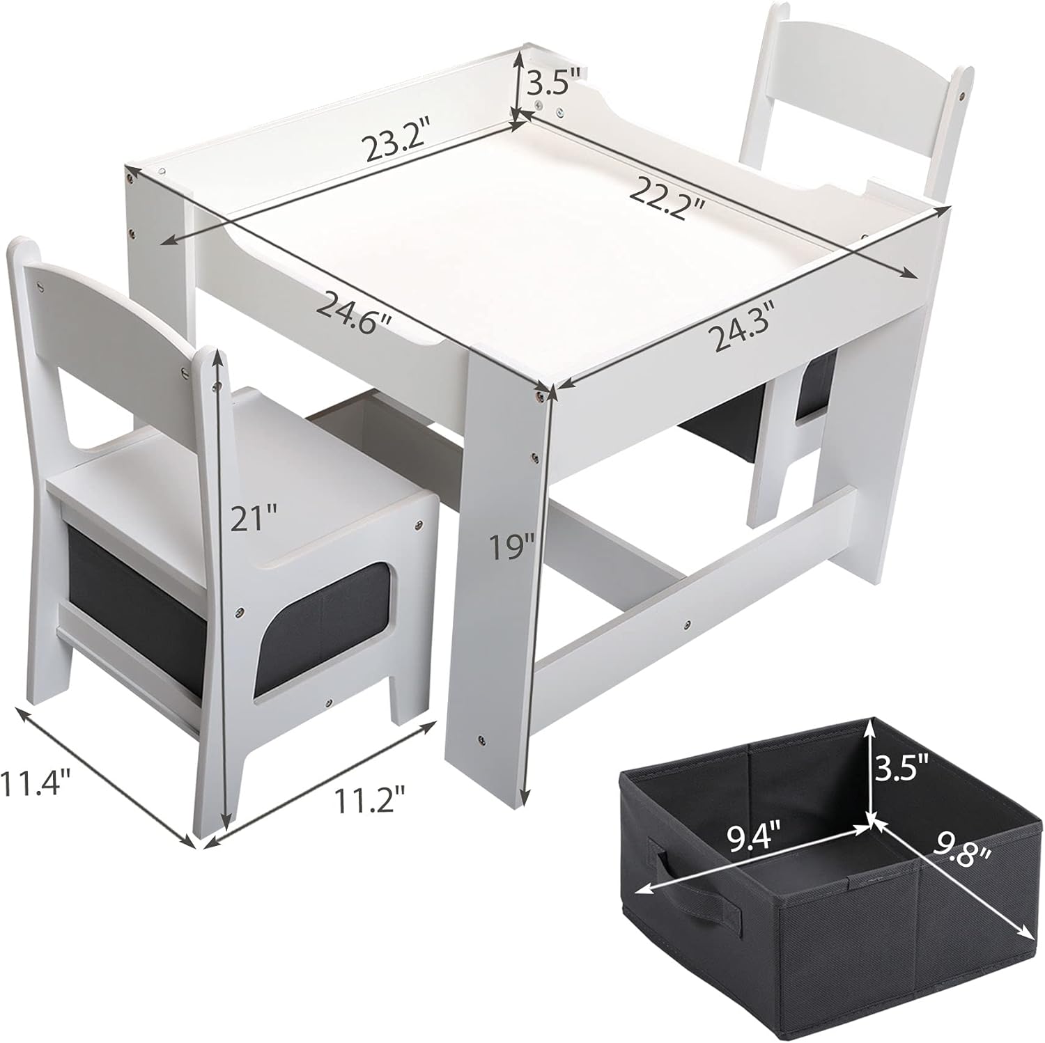 TOBBI 3-in-1 Multi-Functional Wood Table and 2 Chairs Set, Children Activity Desk with Storage Drawer and Box, Blackboard for Toddlers Playing, Drawing, Reading, White and Gray