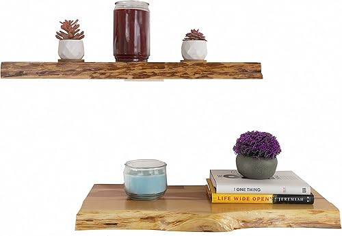 Miniatura 3 de VINTAYARD Estantes flotantes de madera rústica, estante de madera con borde vivo para decoración de pared de granja, juego de 2 estantes con