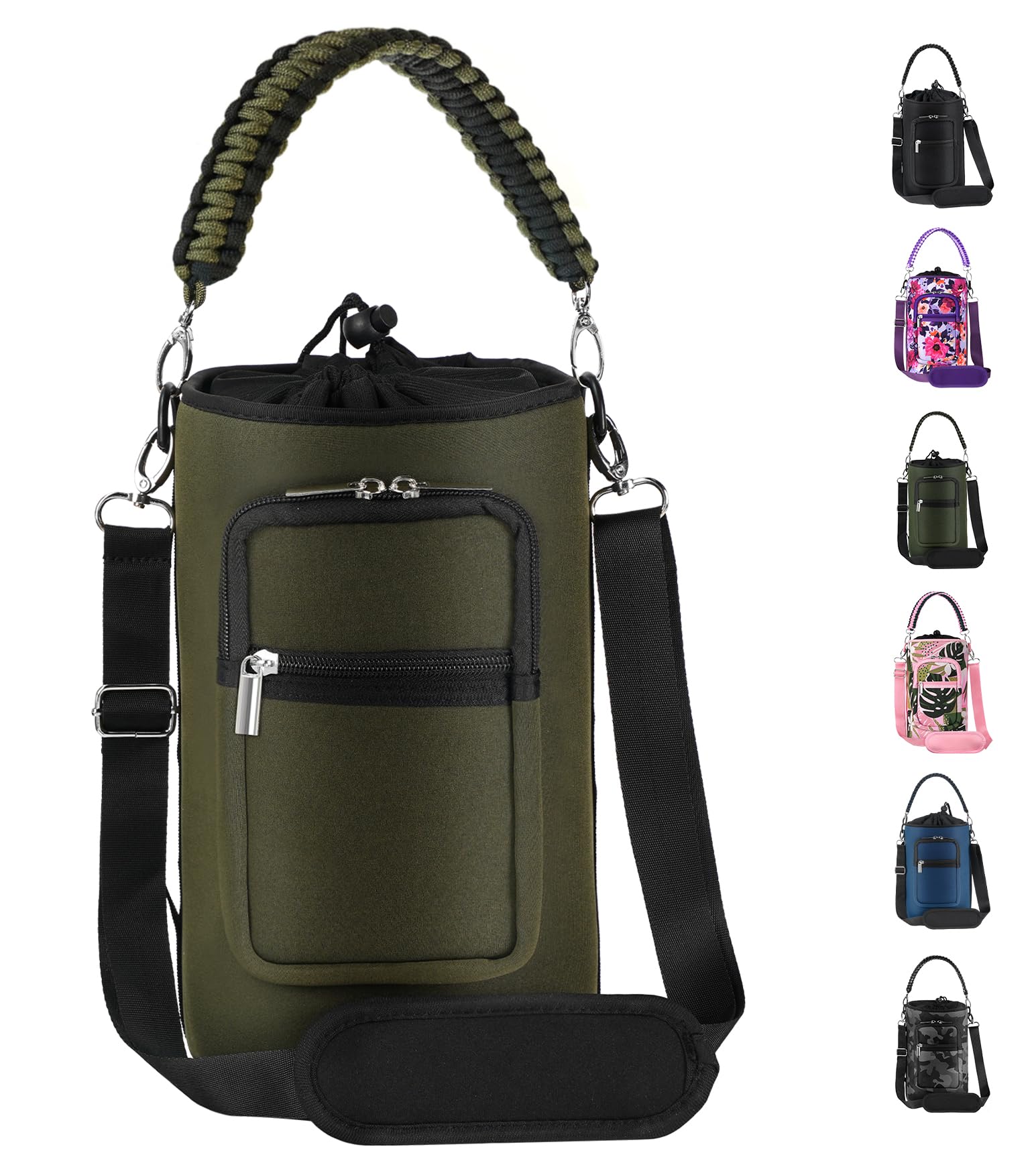 32/40/64/128 oz Neoprene Insulated Water Bottle Carrier Bag, Sling Bag Sleeve Pouch Holder with Strap & Paracord Handle and 2 Pocket for Travelling, Hiking, Camping