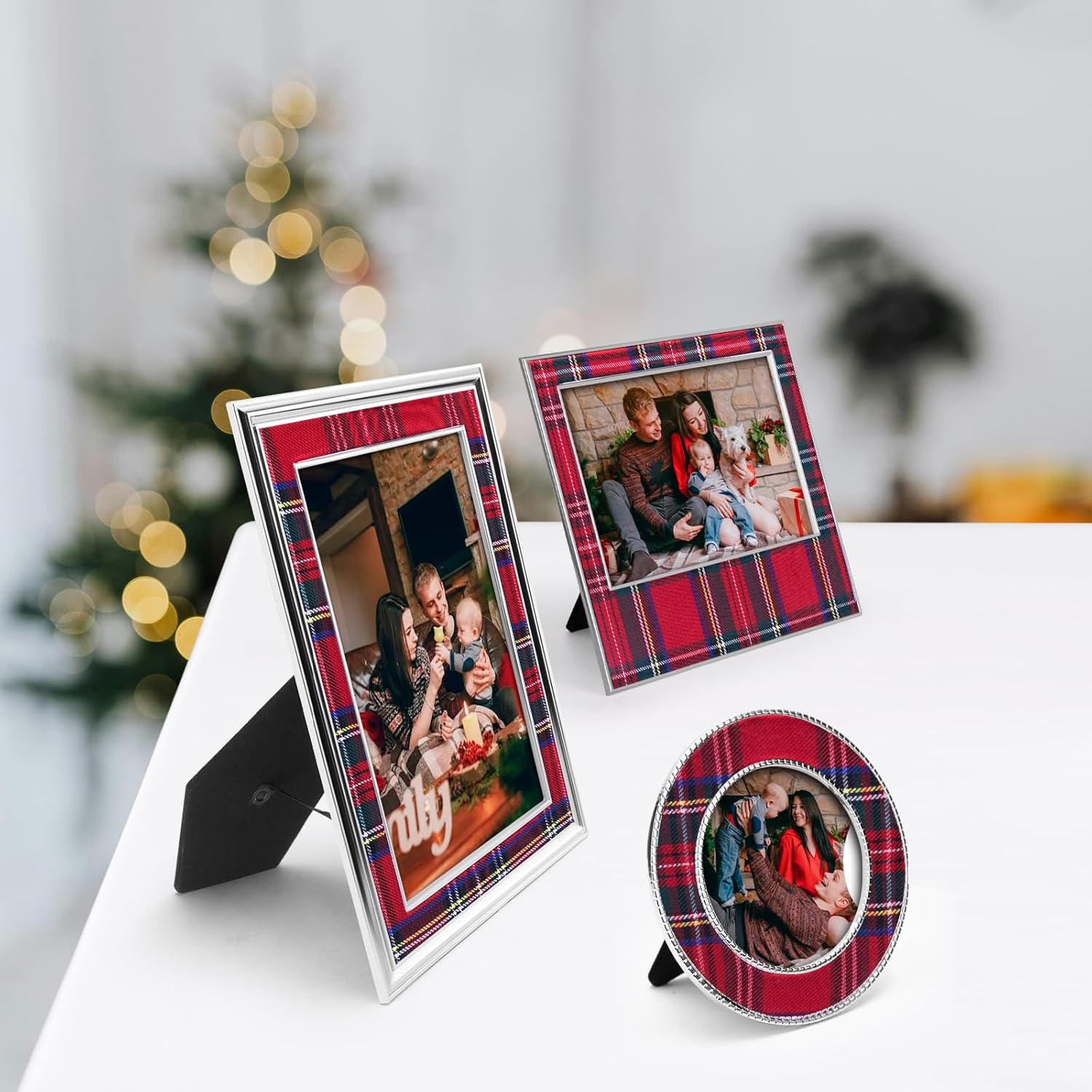 LARAINE Picture Photo Frame 3-color Plaid Metal High Definition Display Pictures for Tabletop Home Decorative (Red&Green, 3-pieces Set)