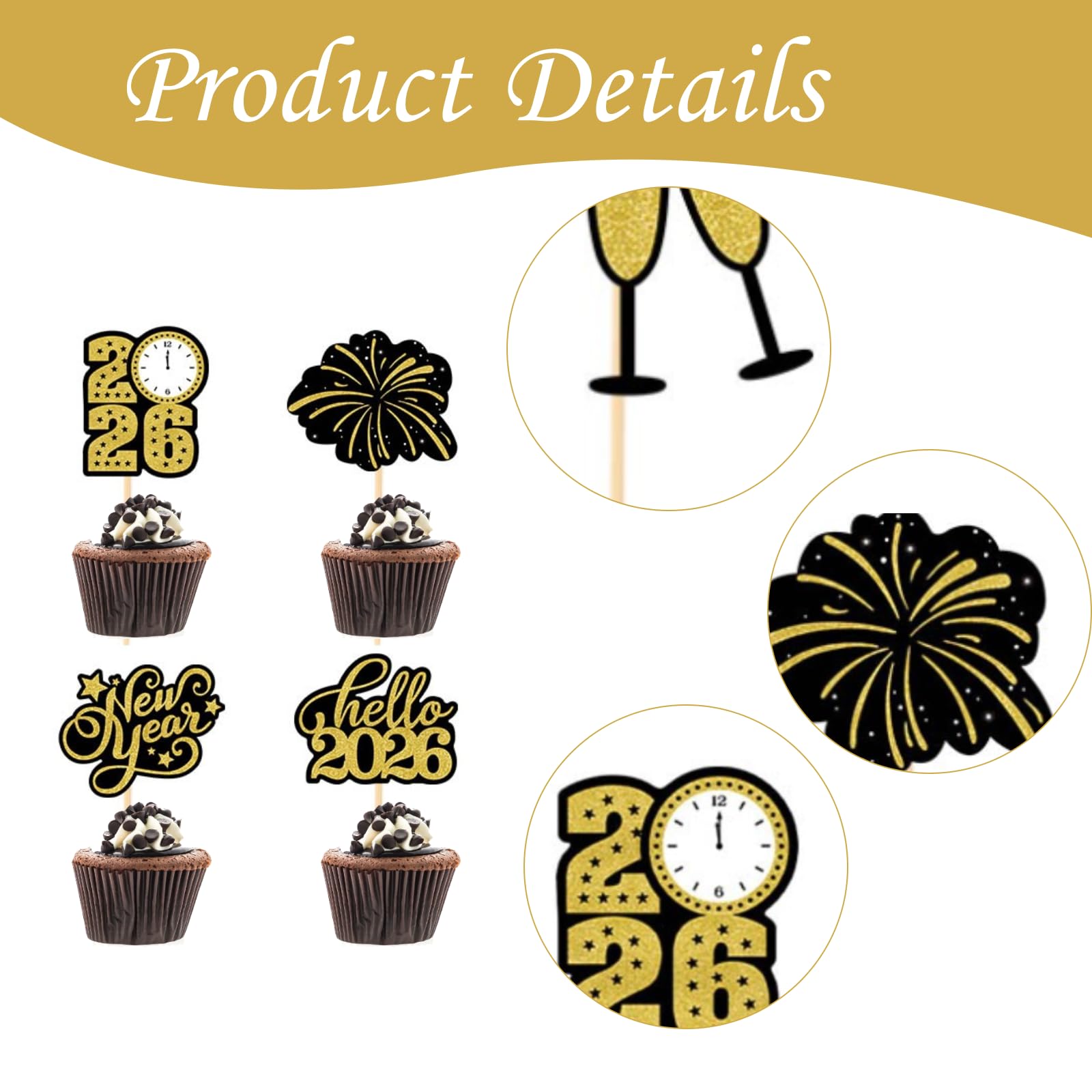 24 Decorazioni Per Cupcake Happy New Year 2025 - Oro Glitterato - Topper In Carta Per Torte E Dessert - Festa Capodanno
