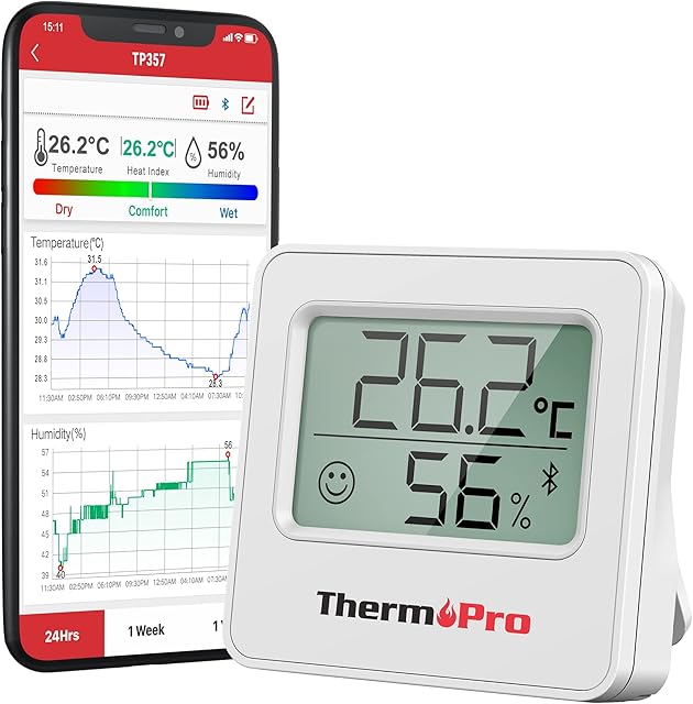 ThermoPro TP357 Bluetooth Hygrometer Mini Room Thermometer Indoor with Alerts, Humidity Meter and Temperature Monitor with Smart App and Data Recording with Humidity Sensor for Baby Room Office