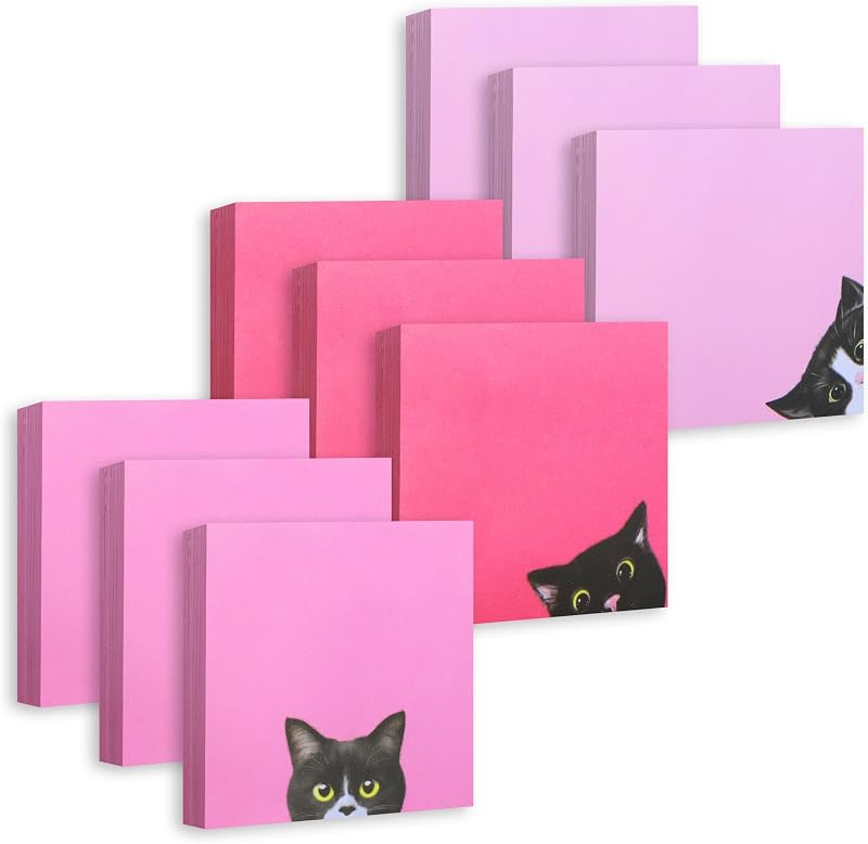 Juego de notas adhesivas para gatos de 9 almohadillas, almohadillas rosas autoadhesivas para notas de 3x3 ", bonita tarjeta de notas adhesiva para regalos para amantes de los gatos, artículos de oficina y escolares