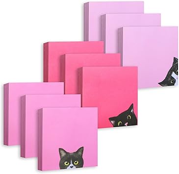 9 Pads Cat Sticky Notes Set, 3x3in Pink Self-Stick Note Pads, Adhesive Memo Pads Cute Note Card for Cat Lover Gift, Office and School Supplies