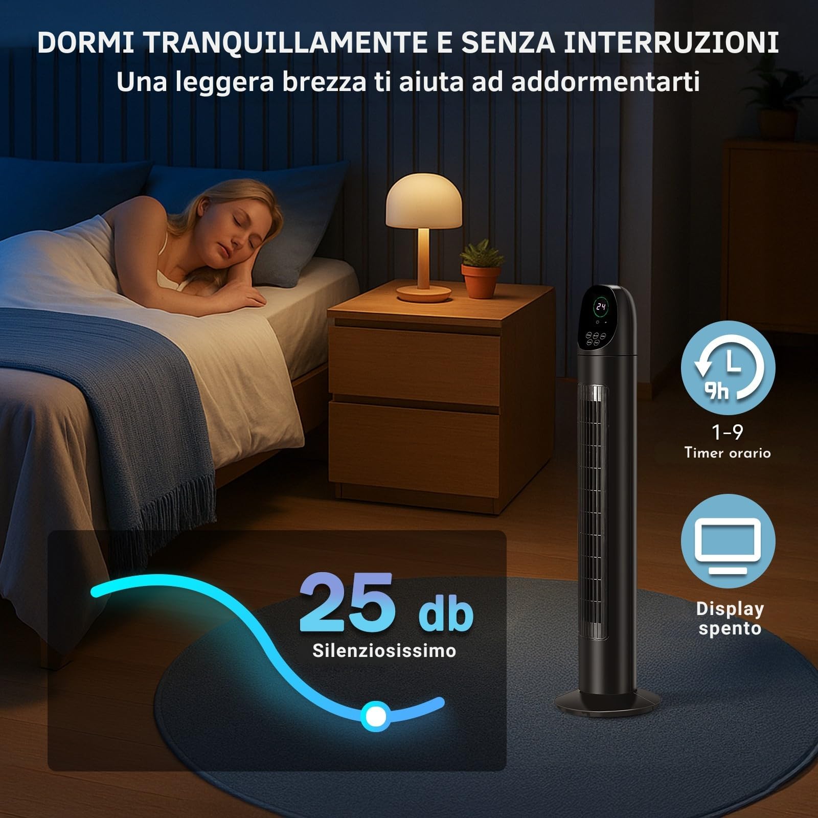 LEADZM Ventilatore a Torre 86cm 34 Pollici 50W, Oscillazione 80°, Timer 9 Ore, 25dB Silenzioso, 3 Velocità e Modalità, Con Telecomando, Ventilatore a Colonna per Casa e Ufficio (Nero 1)