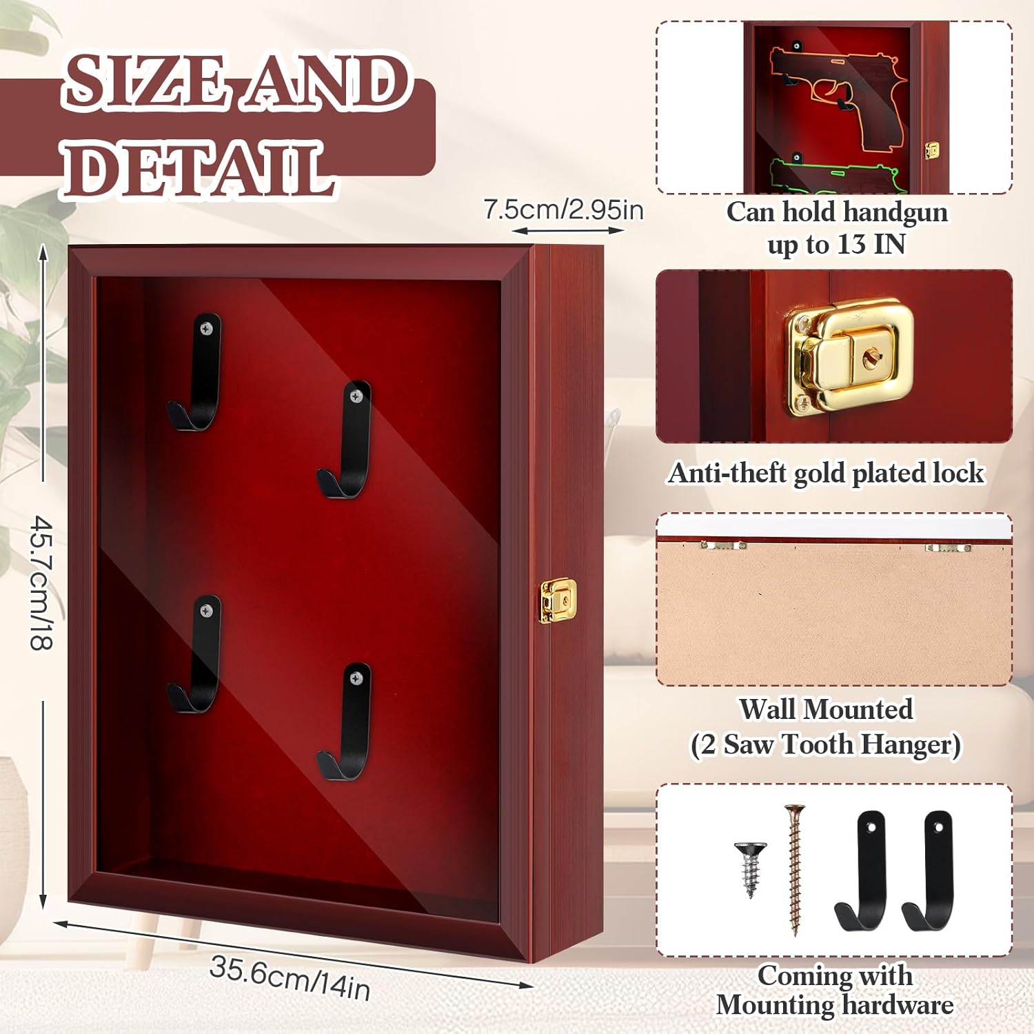 Gun Display Case with Lock Wall Mount Wooden Pistol Display Case W/ 98% UV Protection Acrylic Clear Door Gun Shadow Box Stand Rack Holder for Collection (Reddish Brown,2gun Displaycase)