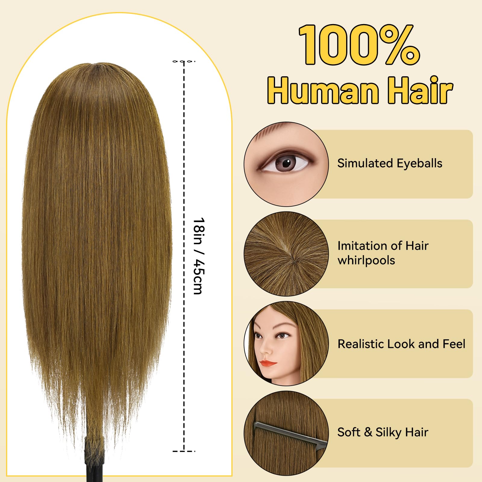 Yofuly Friseur-Trainingskopf, 45,7 cm, 100 % Echthaar, Manikin-Kosmetologie-Puppenkopf zum Flechten und Haarstyling, Übungskopf mit Tischklemme + DIY-Zopf-Set (Hellbraun)