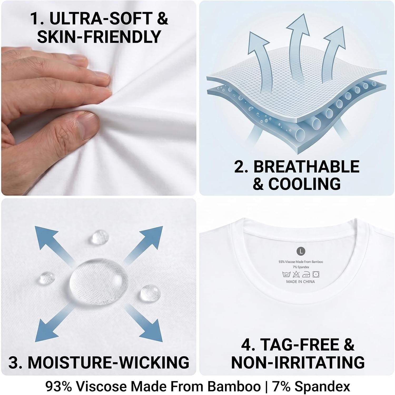 BLACKMYTH 3 Pack Men's Undershirts, Ultra Soft Viscose Made from Bamboo, Stretchy Breathable Tag-Free Moisture Wicking Tees
