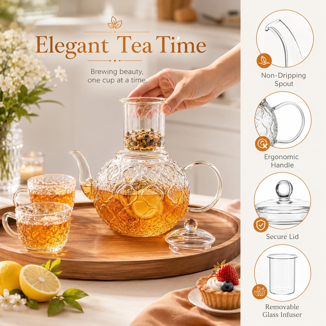 1500ml Teekanne mit Siebeinsatz, Borosilikatglas Teekanne Glas mit Tropffreier Ausguss, Hitzebeständig Teapot für Grüntee schwarzen Tee duftenden Früchtetee