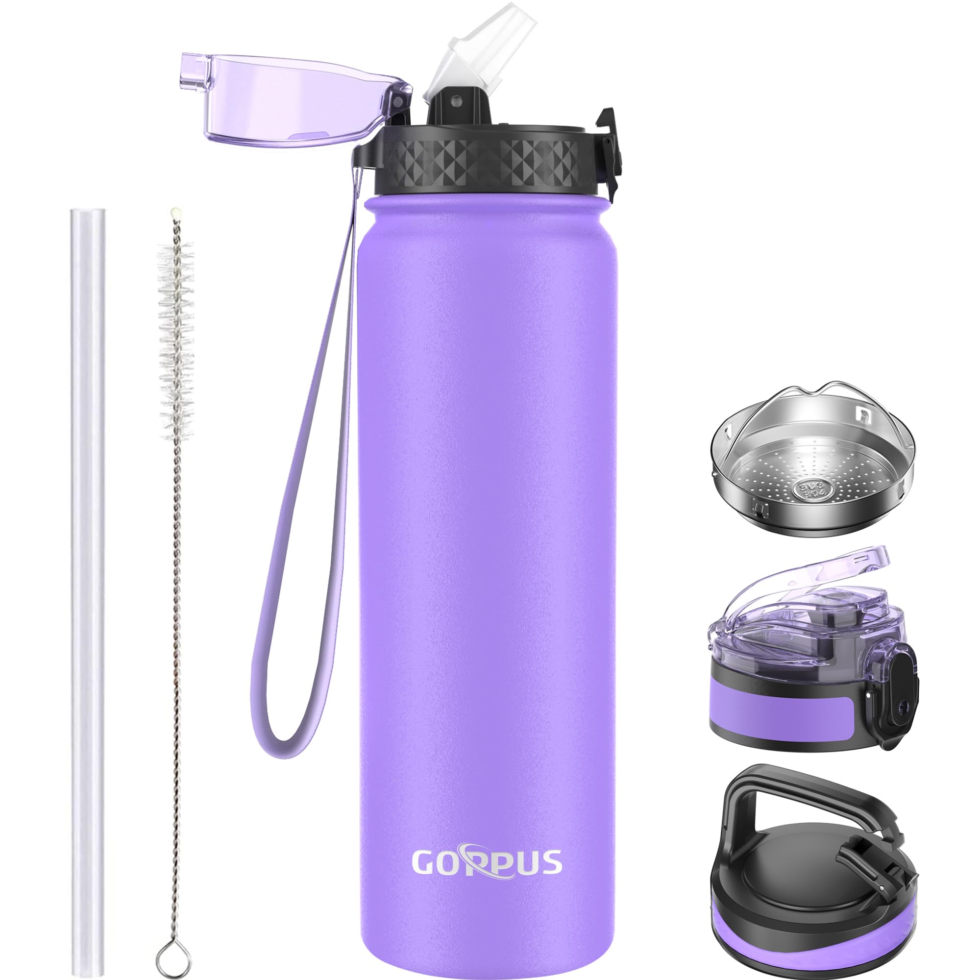 GOPPUS 1L/32oz Stainless Water Bottle with Straw Double Wall Insulated Bottles with Strap Reusable Vacuum Thermal Flask Leakproof Keep Cold Drinks Bottles with Flip Top Lid for Gym Men Women BPA Free
