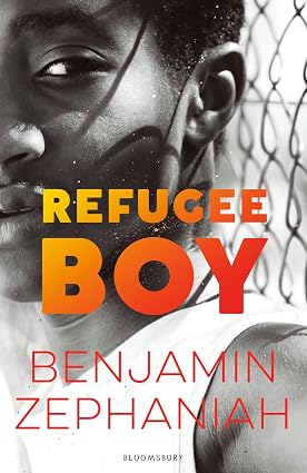 'Refugee Boy' by Benjamin Zephaniah book cover with a Black boy leaning against a chainlink fence.