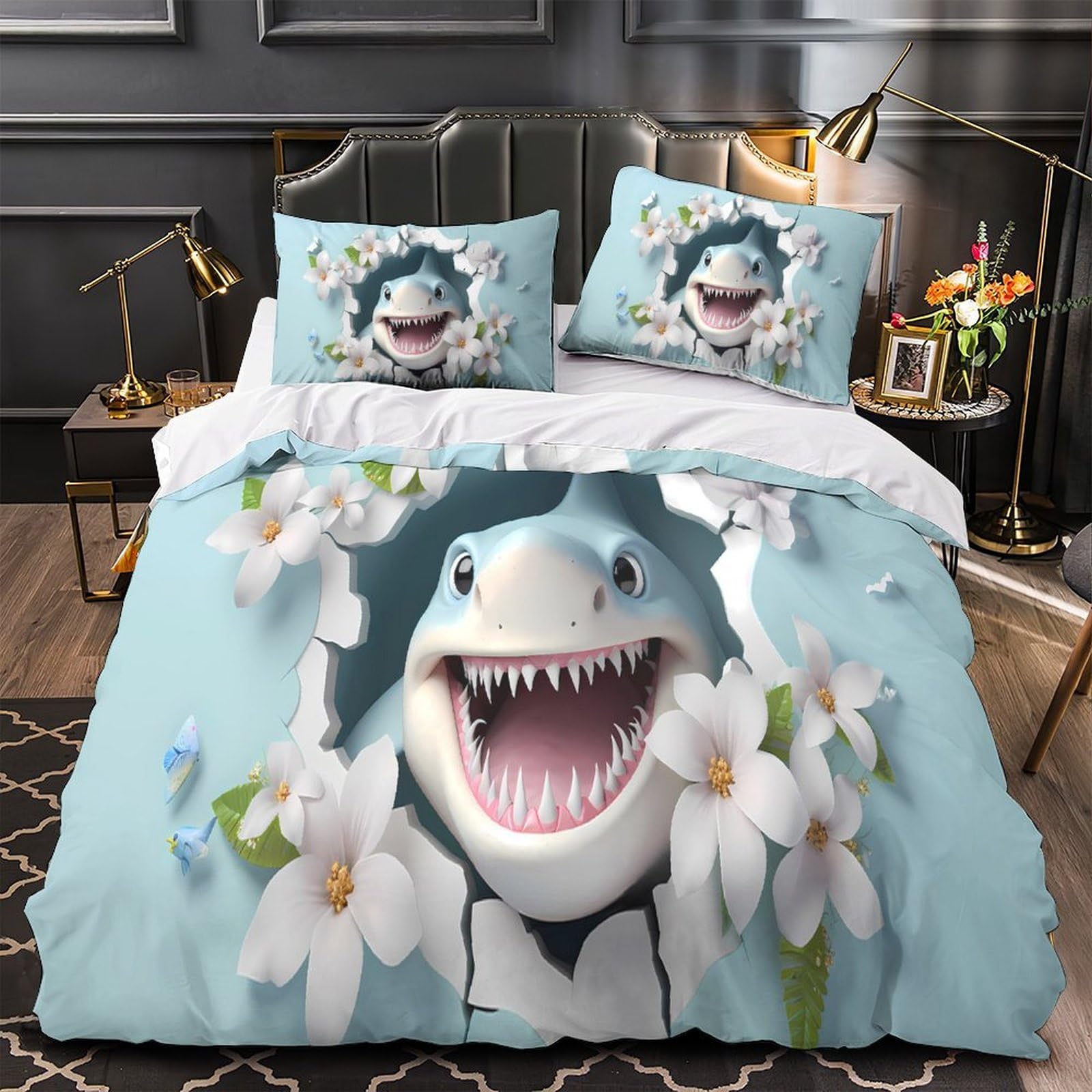 Housse de couette requin effet super doux avec fermeture éclair invisible