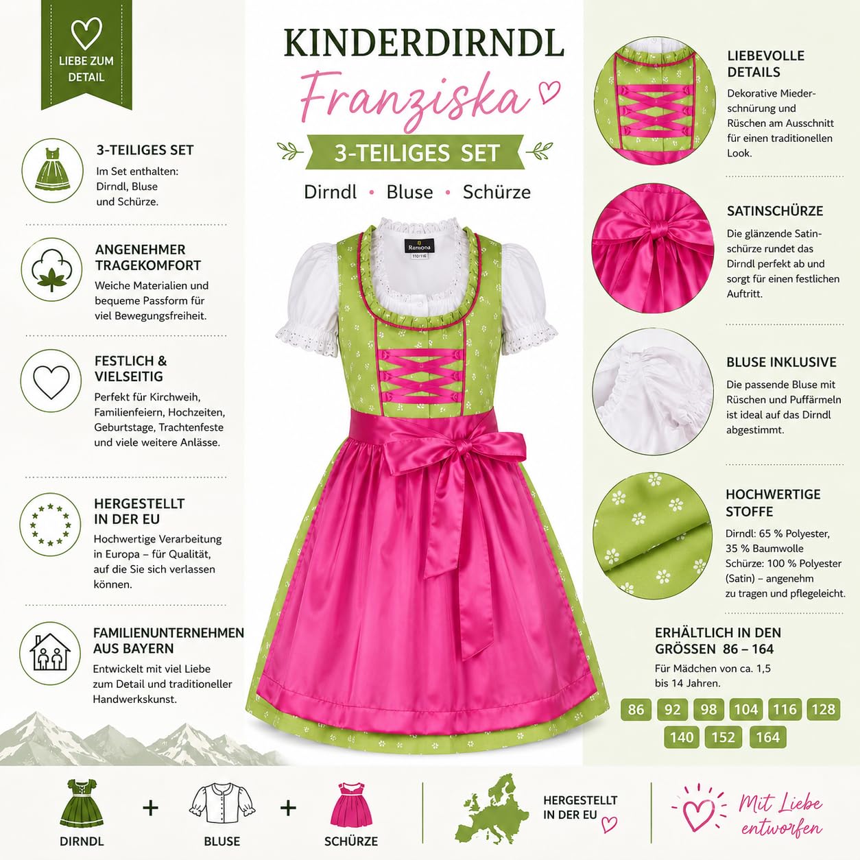 Ramona Lippert® - Dziecięca sukienka Dirndl dla dziewczynek - dirndl Franziska w kolorze jasnozielonym - 3-częściowa sukienka ludowa - moda ludowa - strój ludowy z fartuchem
