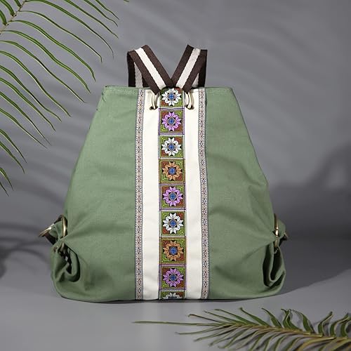 Miniatura 6 de Mochila de lona para mujer, bolsa de hombro casual, mochila de viaje antirrobo vintage resistente, Pasto verde, Mochilas Daypack
