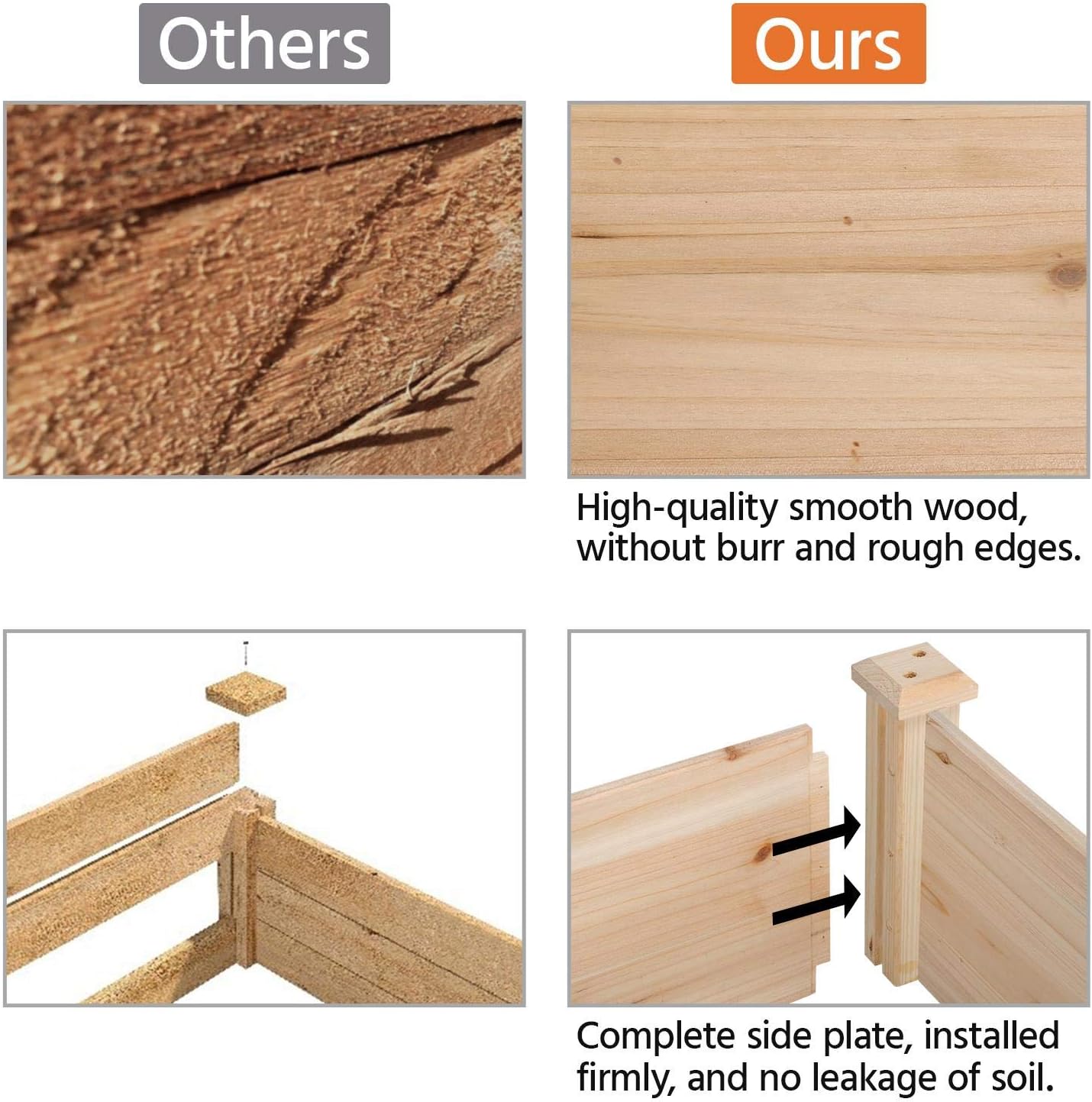 Diagram showing three steps of assembling the Yaheetech Raised Garden Bed. Step 1 shows attaching short panels to posts. Step 2 shows connecting long panels. Step 3 shows the completed frame.