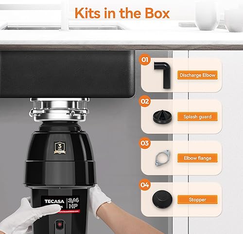 Miniatura 7 de Triturador de basura de 34 HP, triturador de basura de alimentos con cable de alimentación, sistema de molienda de acero inoxidable y montaje de 3