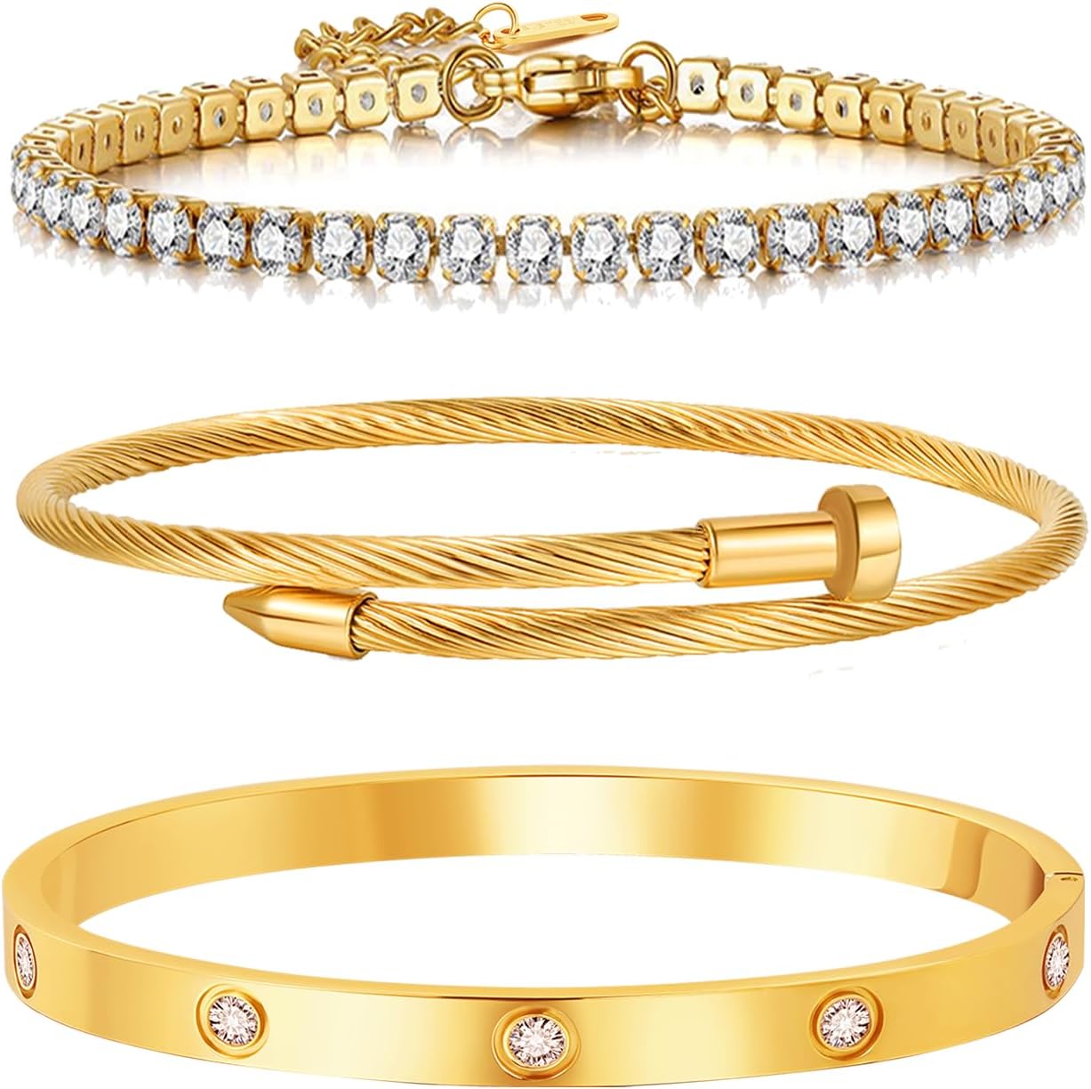 18K Gold Plated Stackable Love Bangle Bracelet Set for Women - 3 Pcs Stainless Steel Chain Bracelet Cubic Zirconia Tennis Bracelet Gold Bangle Set Gift for Wife