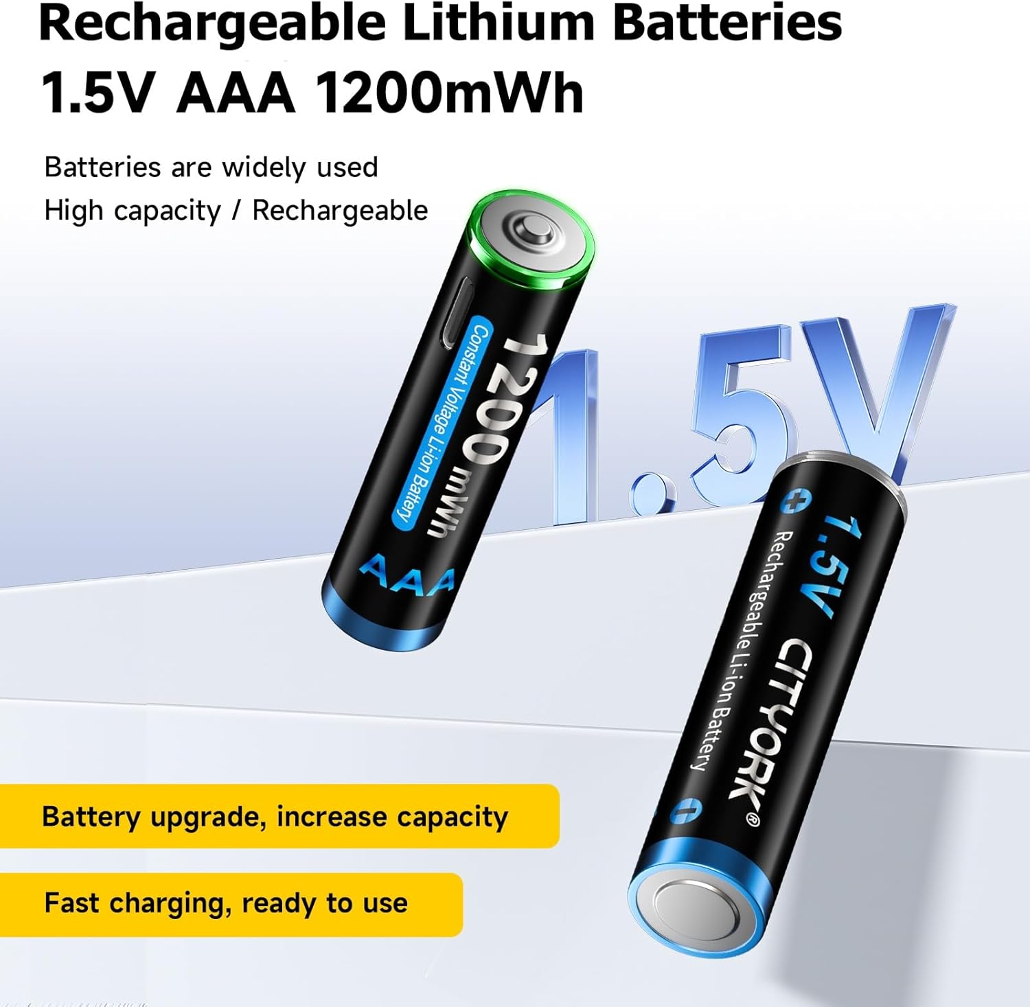 CITYORK Type-C USB 1.5V 8 Pack AAA 1200mWh Lithium Rechargeable Battery, 1.5V Constant Output, 2H Fast Charging Triple A Batteries, LED Charging Indicator (Include 2 * 4 in 1 USB Cable)