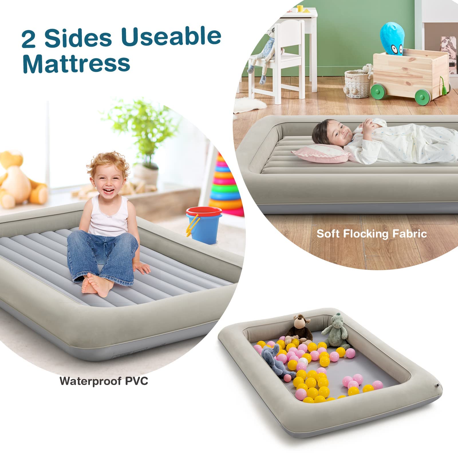 LIFEZEAL Colchón Hinchable Infantil con Bomba Eléctrica, Cama con colchón extraíble, 165 x 118 x 20cm, Cama de Viaje portátil para niños de hinchado rápido en 30 Segundos (Gris)