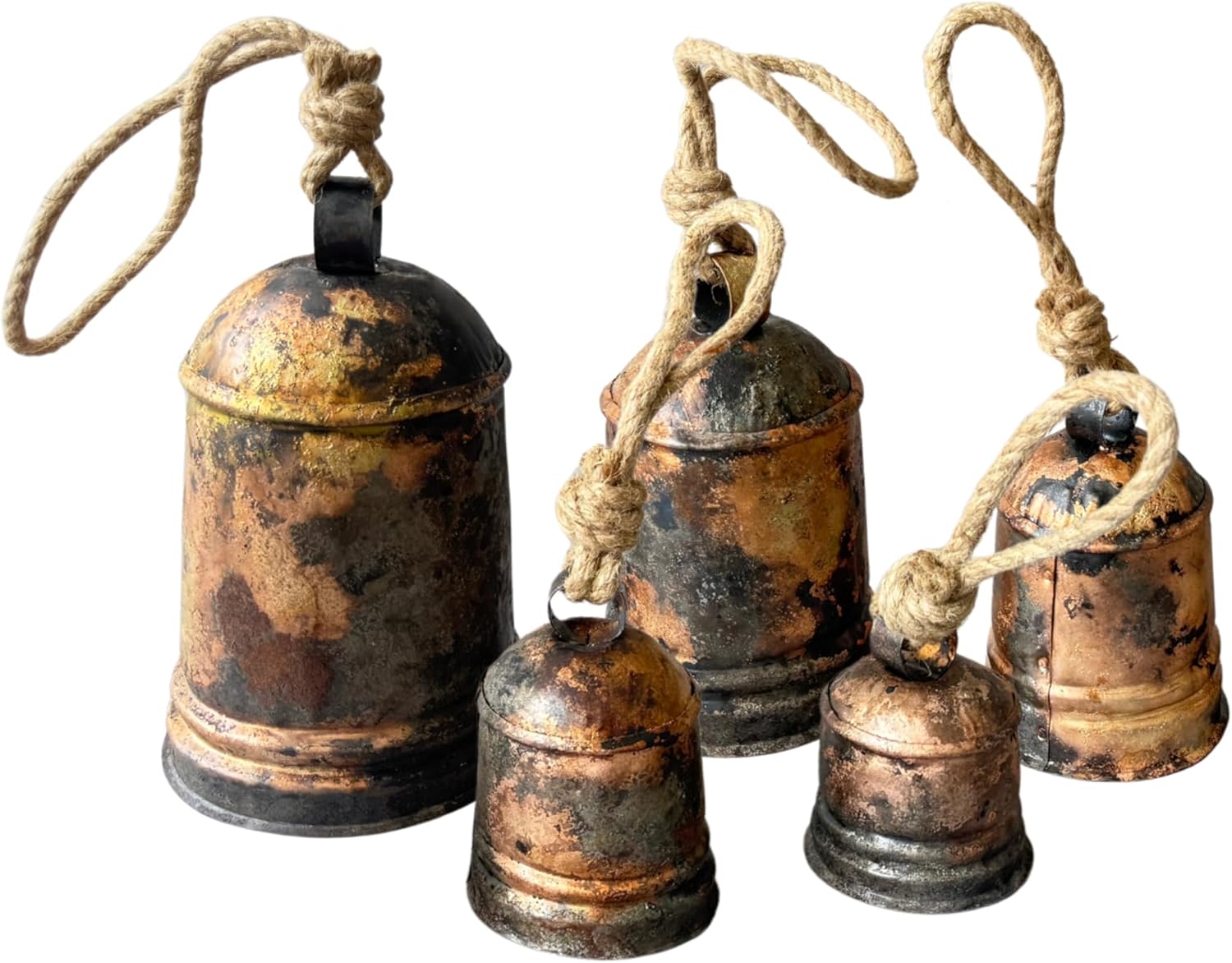 Set of 5 Vintage Gold Rustic Bells for Christmas Decor, Cow Bell, Door, Wall and Staircase Hanging