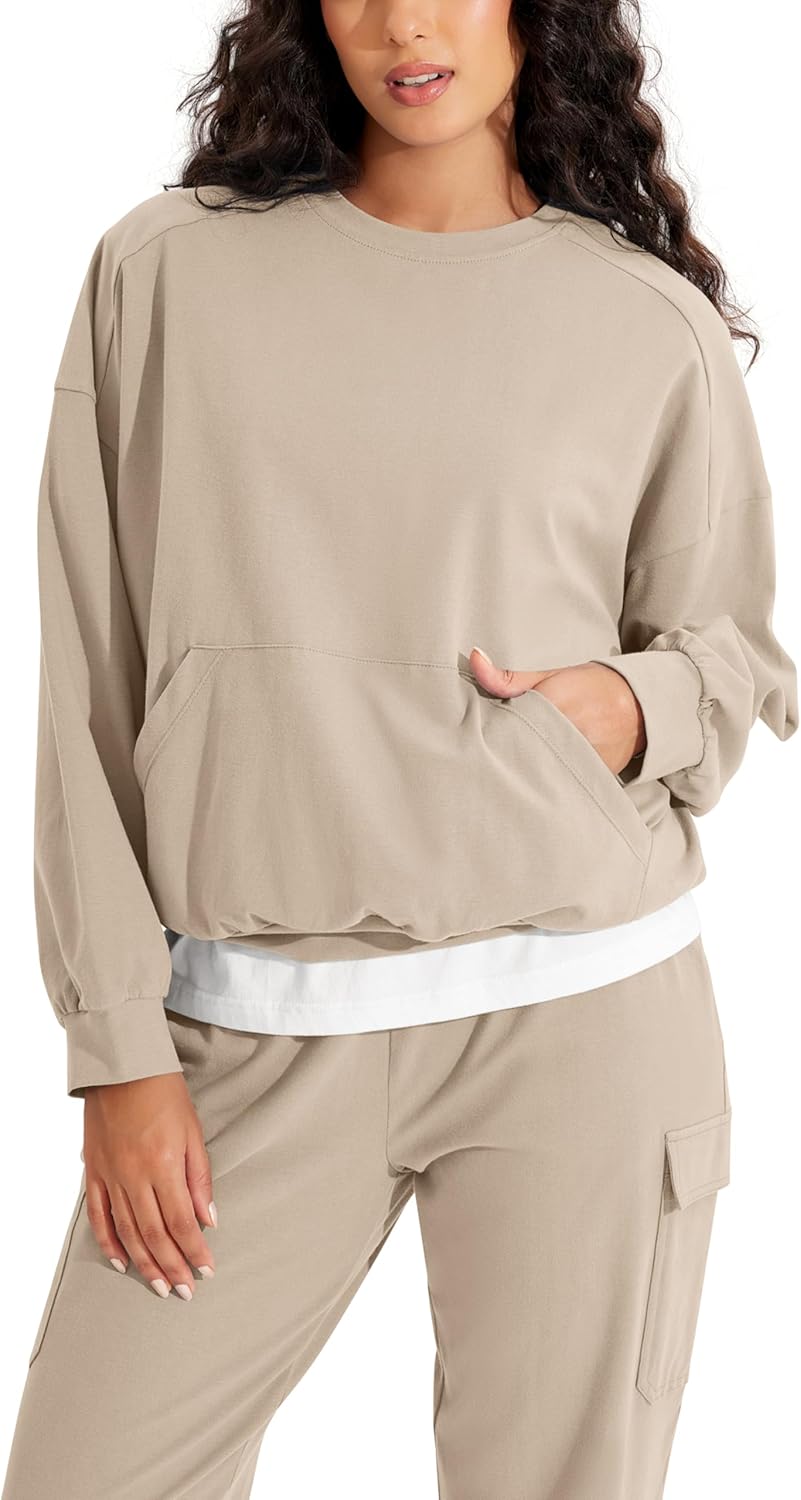 ODODOS Purevibe Cotton Oversized Sweatshirts, Women’s Crew Neck Long Sleeve Pullover Tops with Kangaroo Pocket