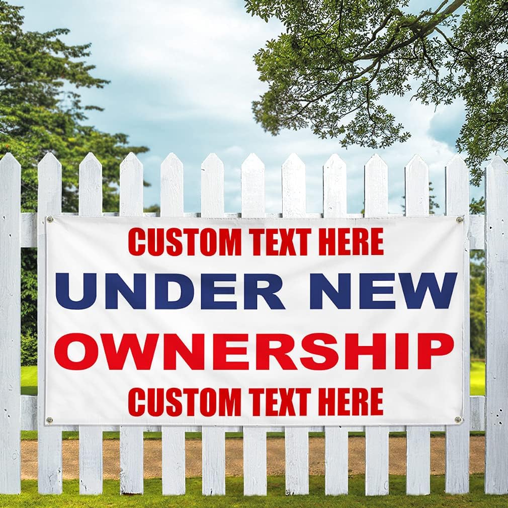 Custom Vinyl Banner Multiple Sizes Under New Ownership Blue Red Under New Ownership Outdoor Weatherproof Industrial Yard Signs 4 Grommets Personalized Text Here 24x36Inches