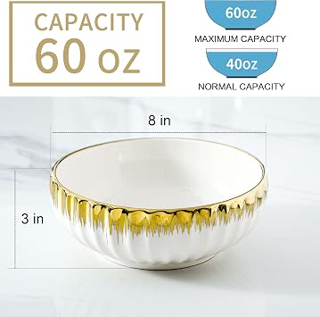 LETAOTAO Serving Bowls, 8 inch Large Salad Bowls, Ceramic Bowl Set of 2 White Bowl with Gold Trim, Kitchen Decorative Bowls Set for Kitchen, Salad, Soup, Pasta and Dinner(60 oz)