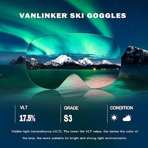 Miniatura 3 de VANLINKER Gafas de esquí para hombres y mujeres, lentes desmontables sin marco, protección UV400, lentes de espejo para adultos, gafas de snowboard