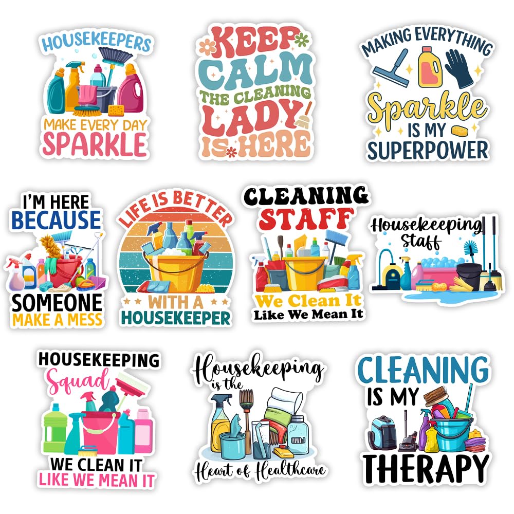 MAIANEY (3x3 in) Funny Housekeeping Stickers Pack 10 Waterproof Cleaning Staff Decals for Laptop, Water Bottle, Journals – Gifts for Janitors, Maids, Housekeepers, Custodians