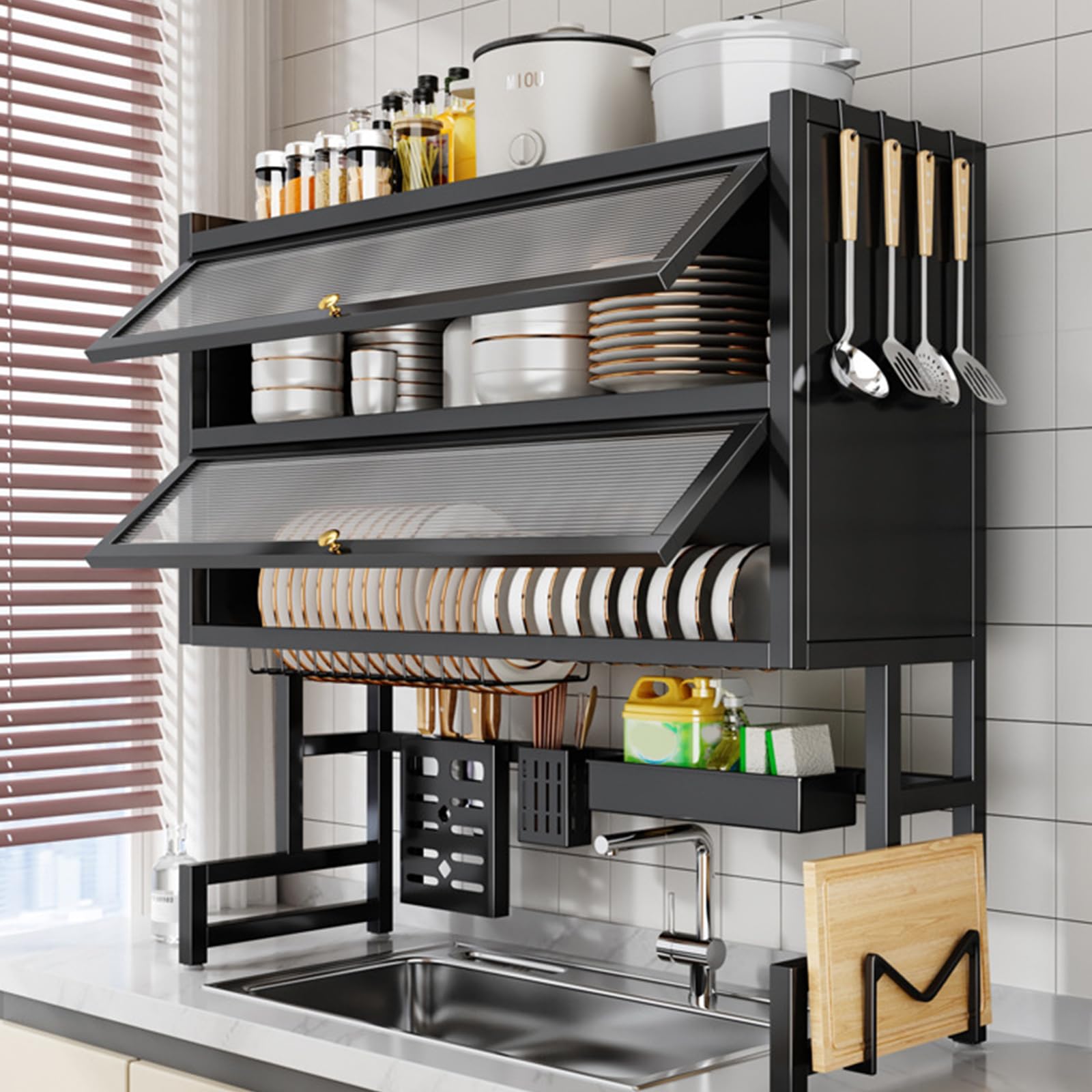 Escurridor de platos extensible sobre el fregadero, acero al carbono, gran capacidad, ajustable, ahorra espacio, para platos, vasos, cuencos y cubiertos, 95 x 28 x 90 cm