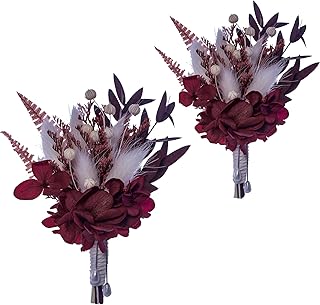 Dried Flowers Boutonniere 2 Piece set Groom Best Man Wedding Boutonniere Boho Rustic Vintage Wedding. (Burgundy)