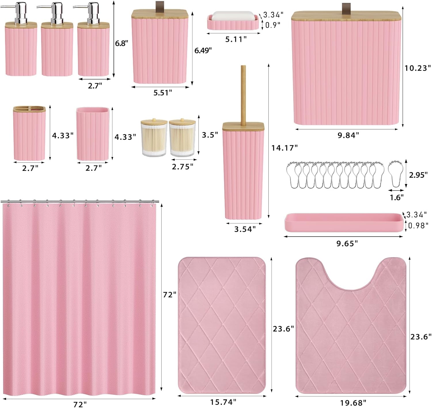 Bathroom Accessory Set - Pink Bathroom Set, 27PC Bathroom Accessories Set, Bathroom Sets with Shower Curtain and Rugs, Mini Trash Can, Toilet Brush, Trash Can & Soap Dispenser