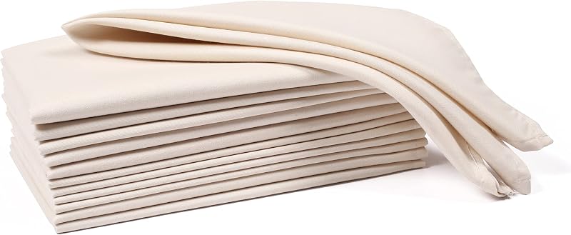 Ramanta Home Set of 12 Polyester Cloth Napkins 18x18 Inches, Beige | Polyester Napkins with Hemmed Edges, Washable Reusable Dinner Napkins Ideal for Parties, Weddings, Hotels and Banquets