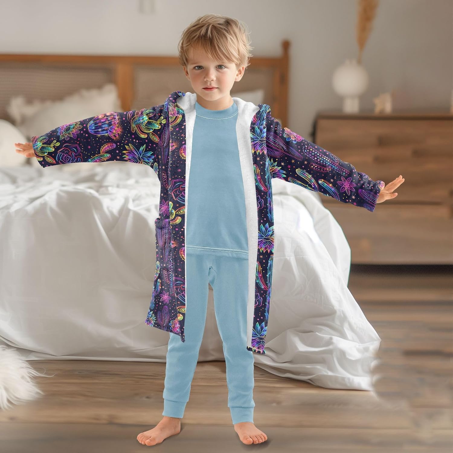 senya Cactus Magic Toddler Hooded Bathrobe Kids Soft Plush Bath Towel Robes for Boys Girls 2-12 Years
