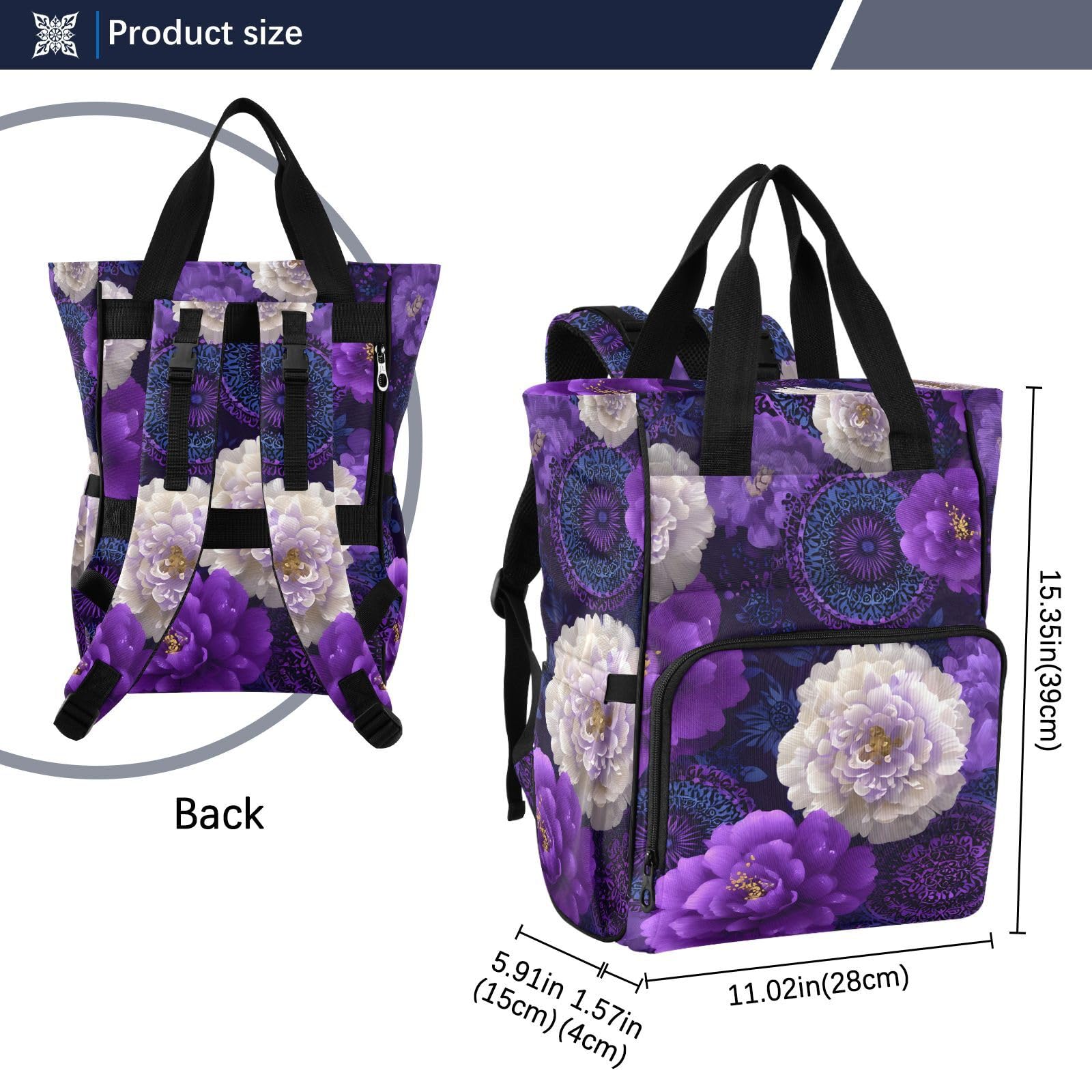 Mochila para pañales para bebé, multifunción, con bolsillos aislados, diseño de flores blancas y moradas, Patrón de flores blancas y moradas, Talla única