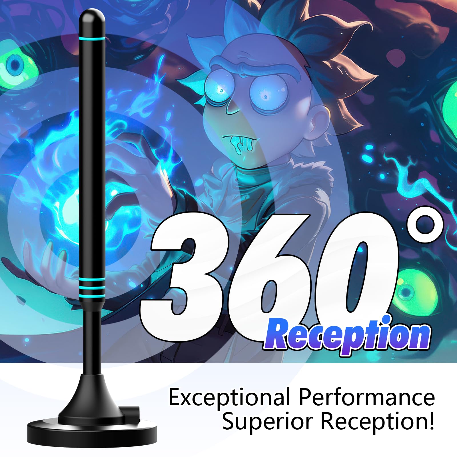 Antenne TV intérieure avec base magnétique, antenne TV pour Smart TV, antenne TV numérique intérieure compatible avec tous les téléviseurs, réception à 360°, prend en charge 4K 1080p HD, câble coaxial
